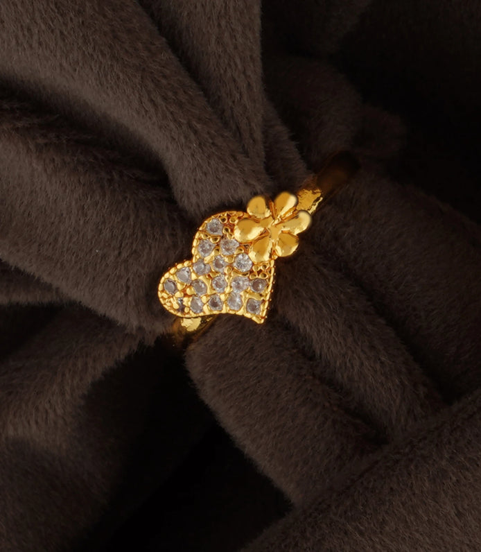 Gold Plated Heart & Flower Textured Finger Ring