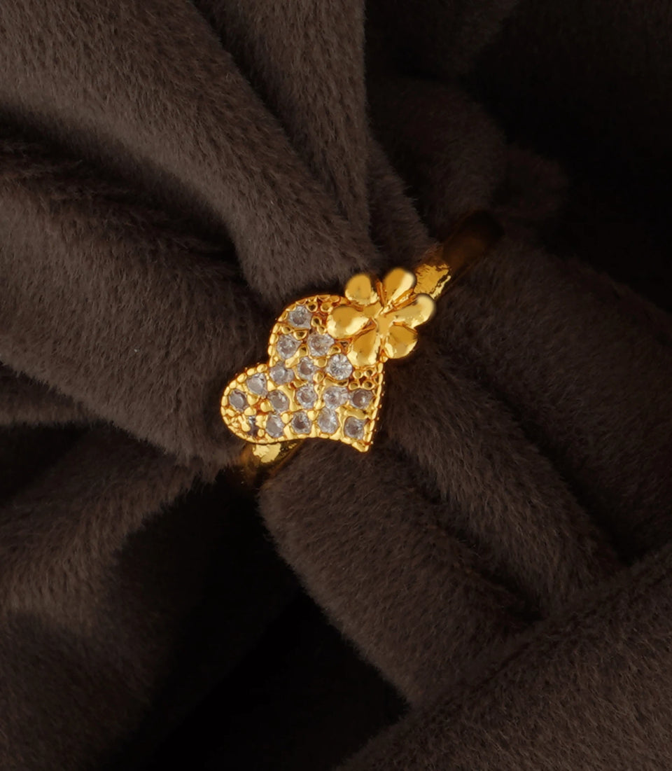 Gold Plated Heart & Flower Textured Finger Ring