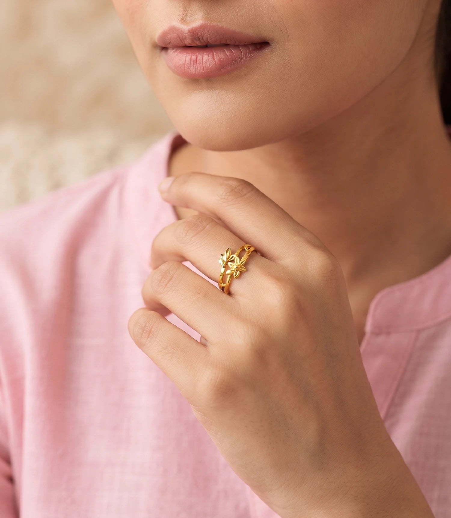 Gold Plated Floral Open Adjustable Ring for Women