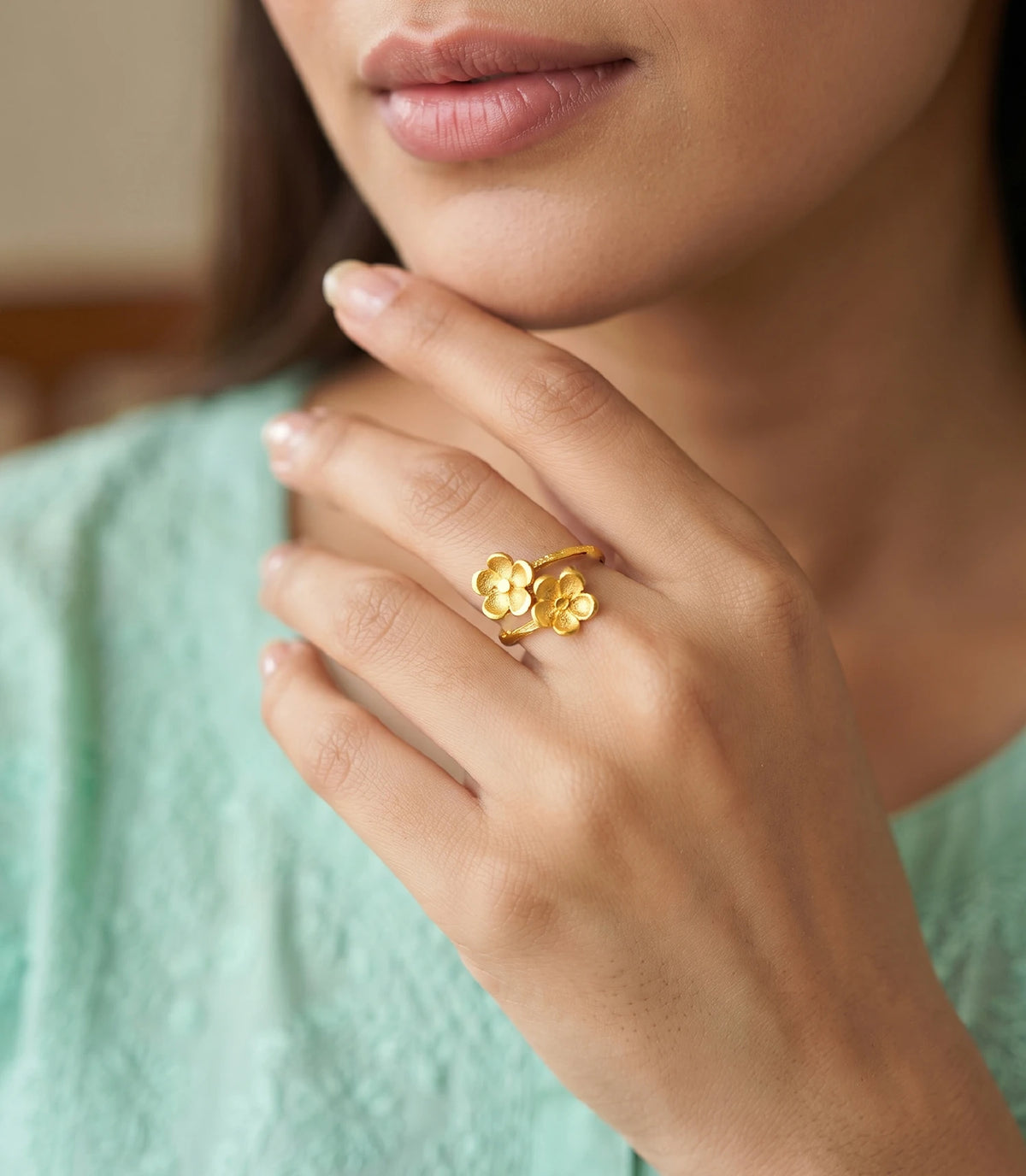 Gold Plated Floral Bloom Duo Adjustable Finger Ring