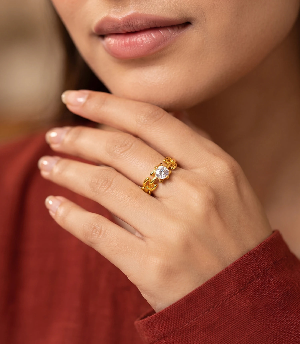 Gold Plated Solitaire Adjustable Finger Ring