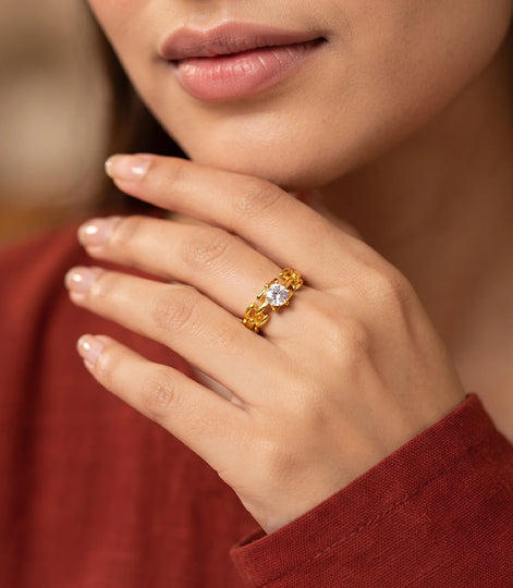 Gold Plated Solitaire Adjustable Finger Ring