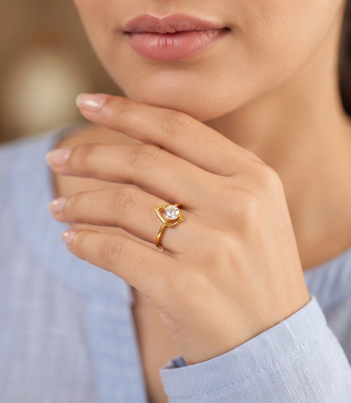 Gold Plated Celestia Solitaire Adjustable Finger Ring