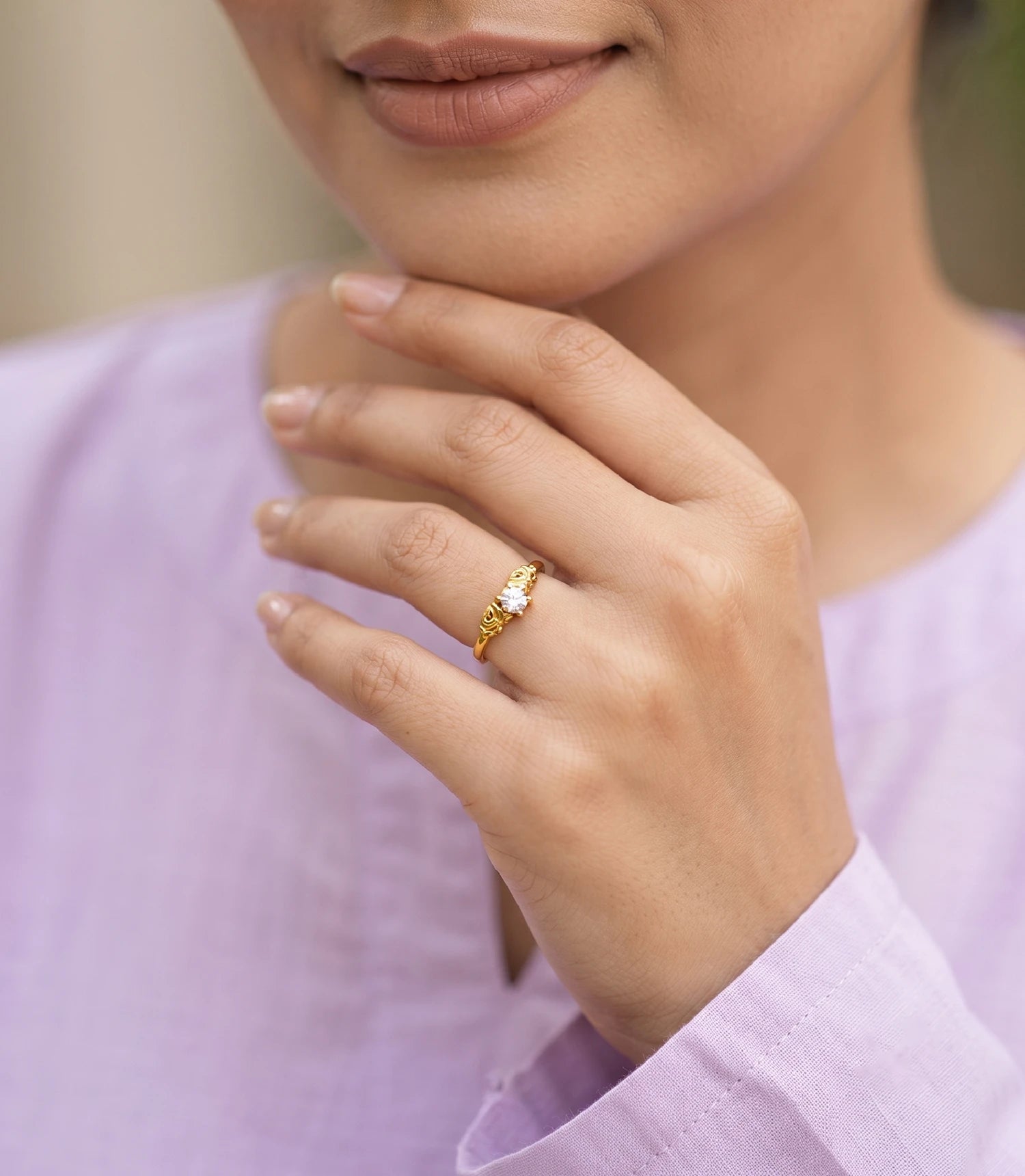 Gold Plated Delicate Floral Solitaire Finger Ring