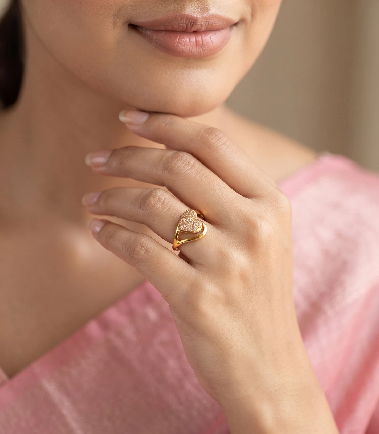 Gold Plated Crystal Heart Adjustable Finger Ring