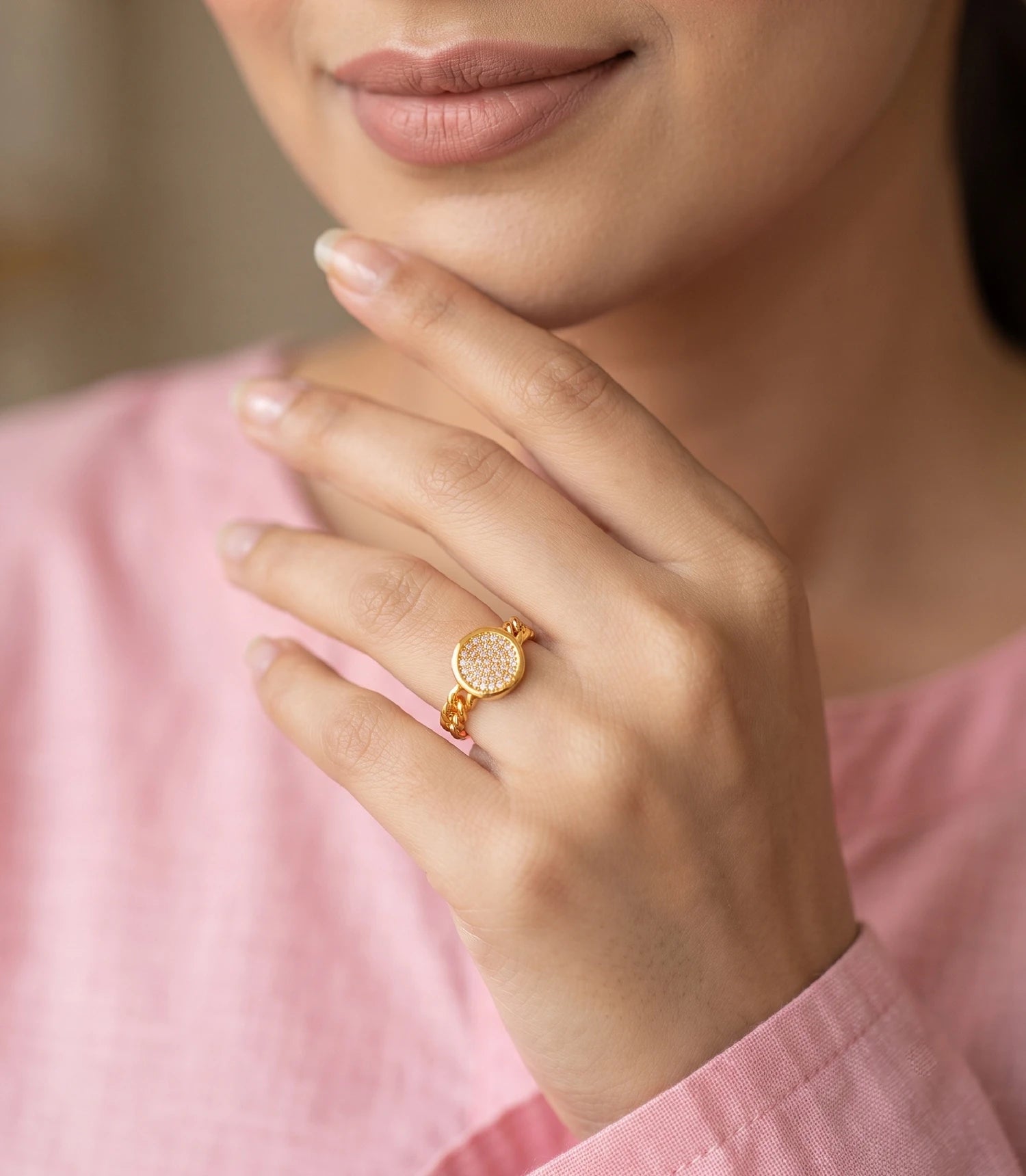 Gold Plated Crystal Disc Chain Adjustable Finger Ring