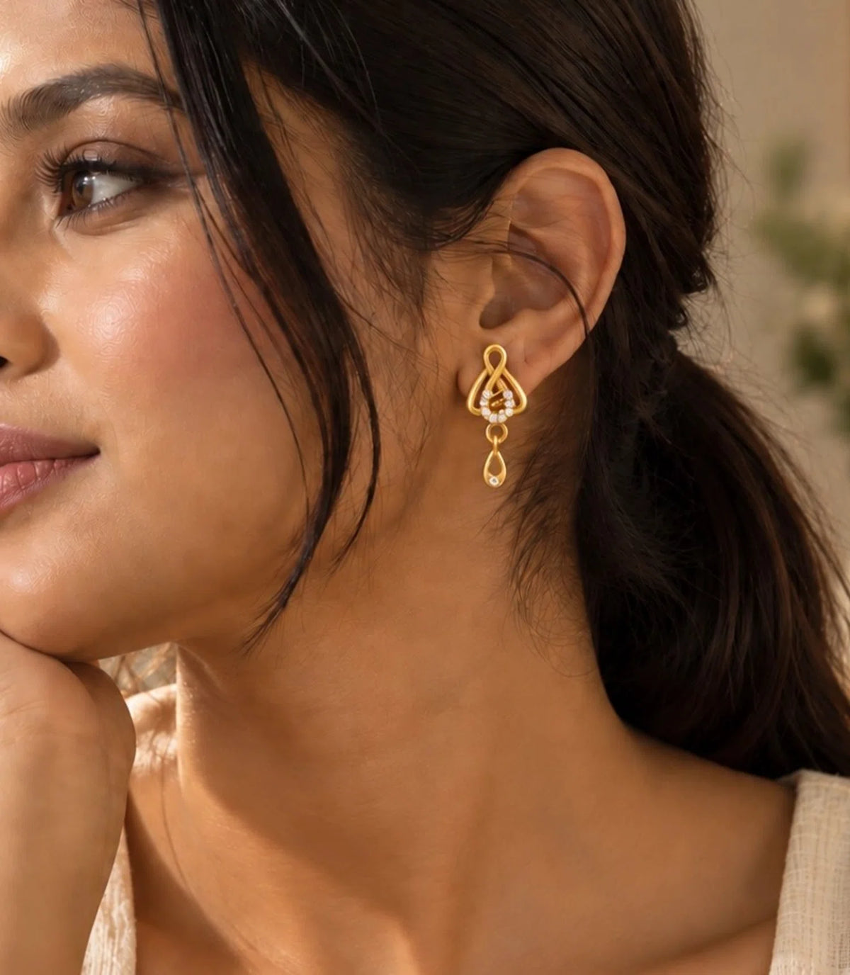 Gold Plated Intricate AD Drop Earrings
