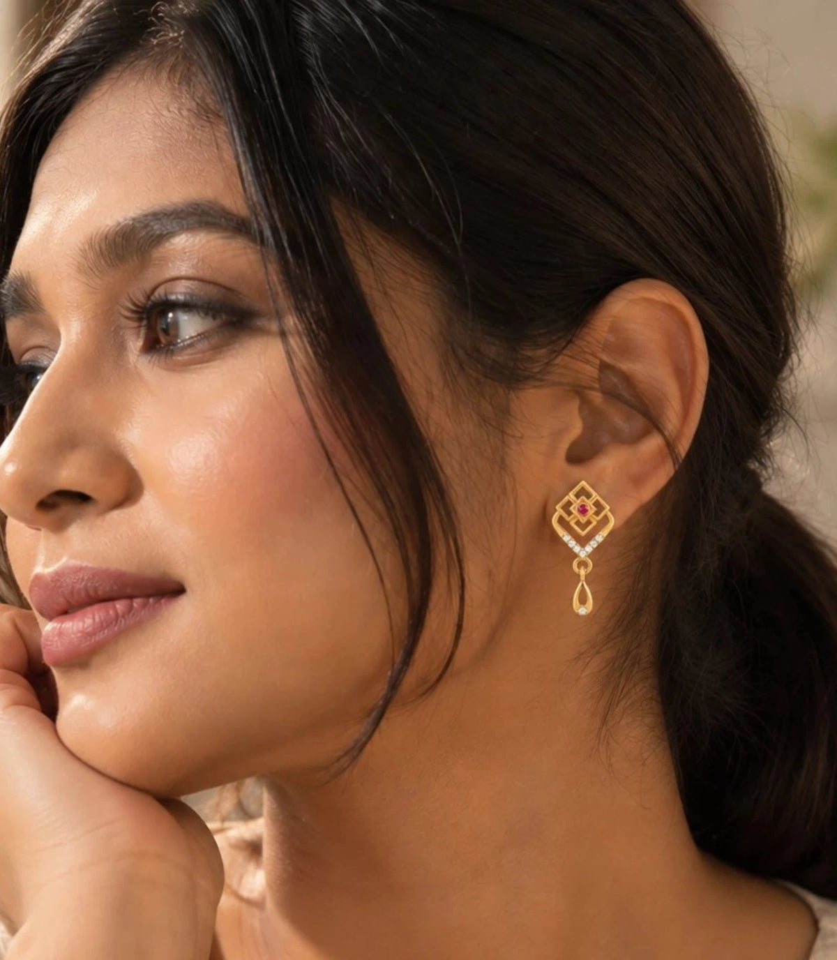 Gold Plated Handcrafted AD Drop Earrings