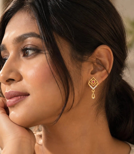 Gold Plated Handcrafted AD Drop Earrings