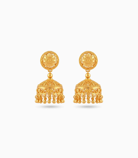 Gold Plated Filigree Curved Traditional Jhumka Earrings