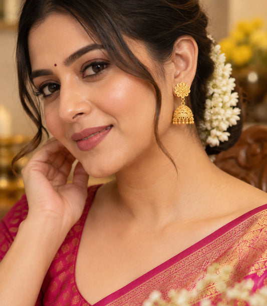 Gold Plated Ethnic Floral Jhumka Earrings