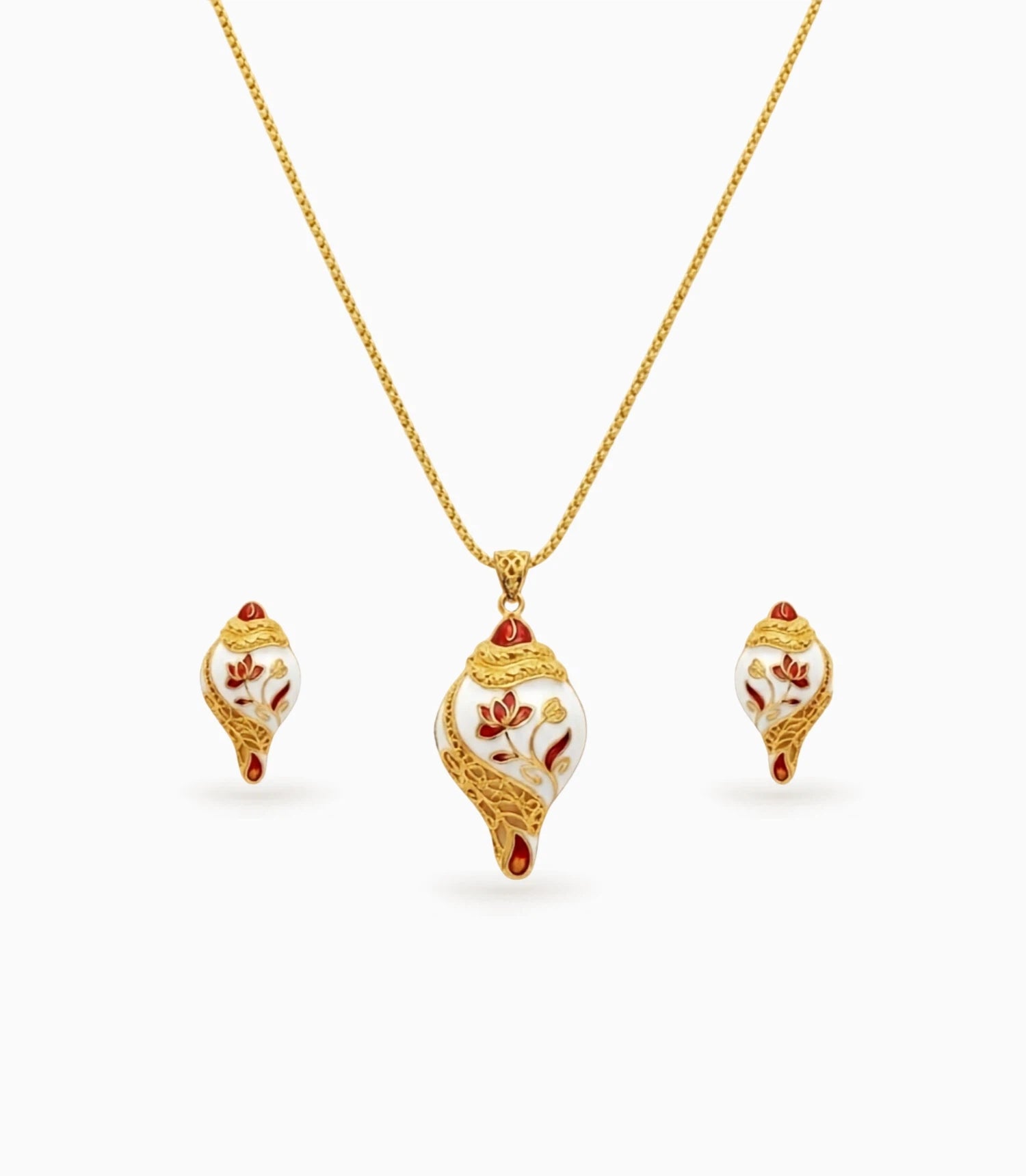 Gold Plated Sankh Enamel Chain Pendant Set