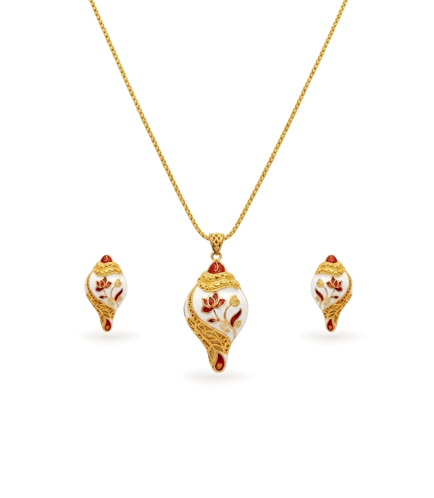 Gold Plated Sankh Enamel Chain Pendant Set