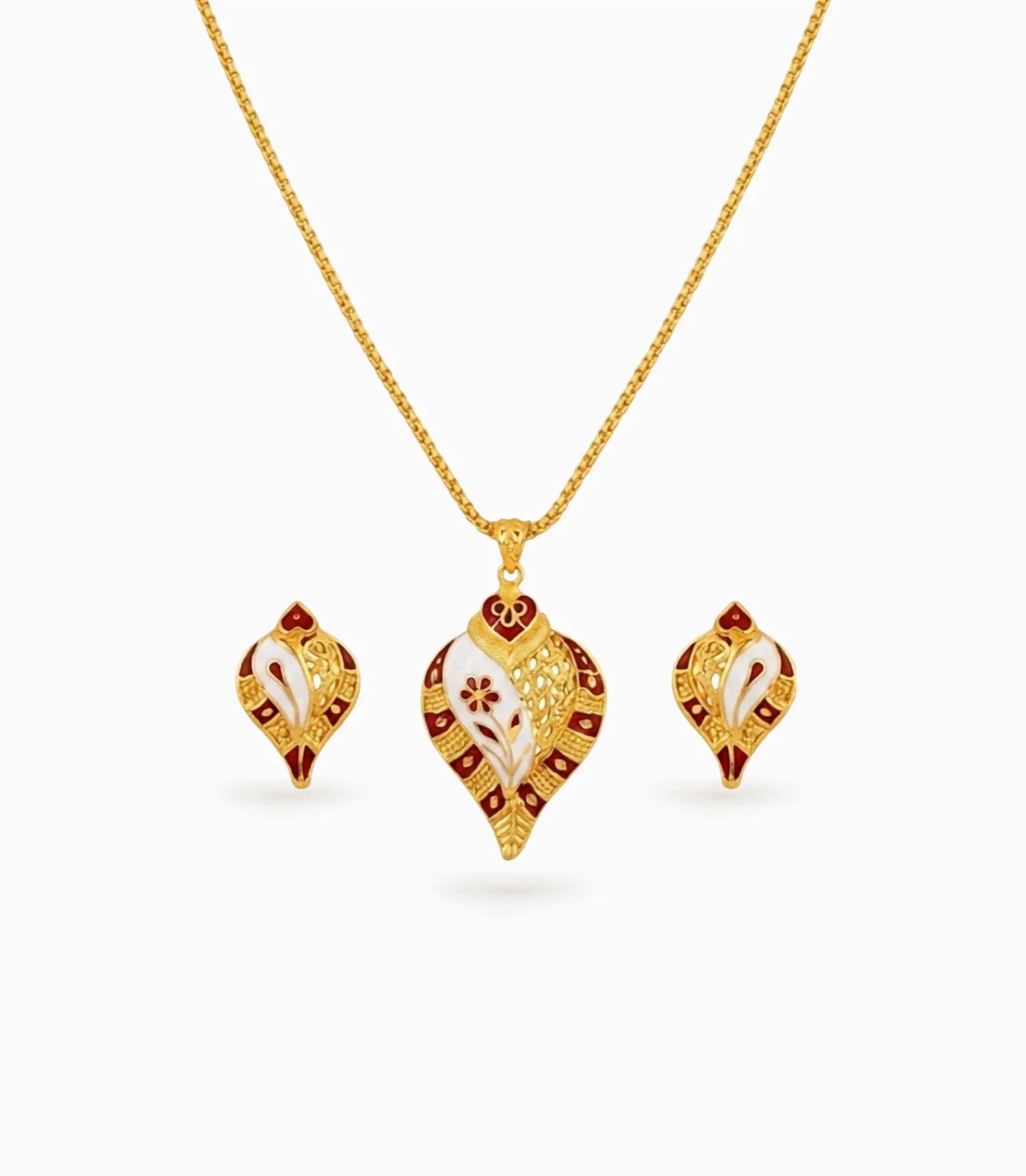 Gold Plated Enamel Sankh Motif Chain Pendant Set