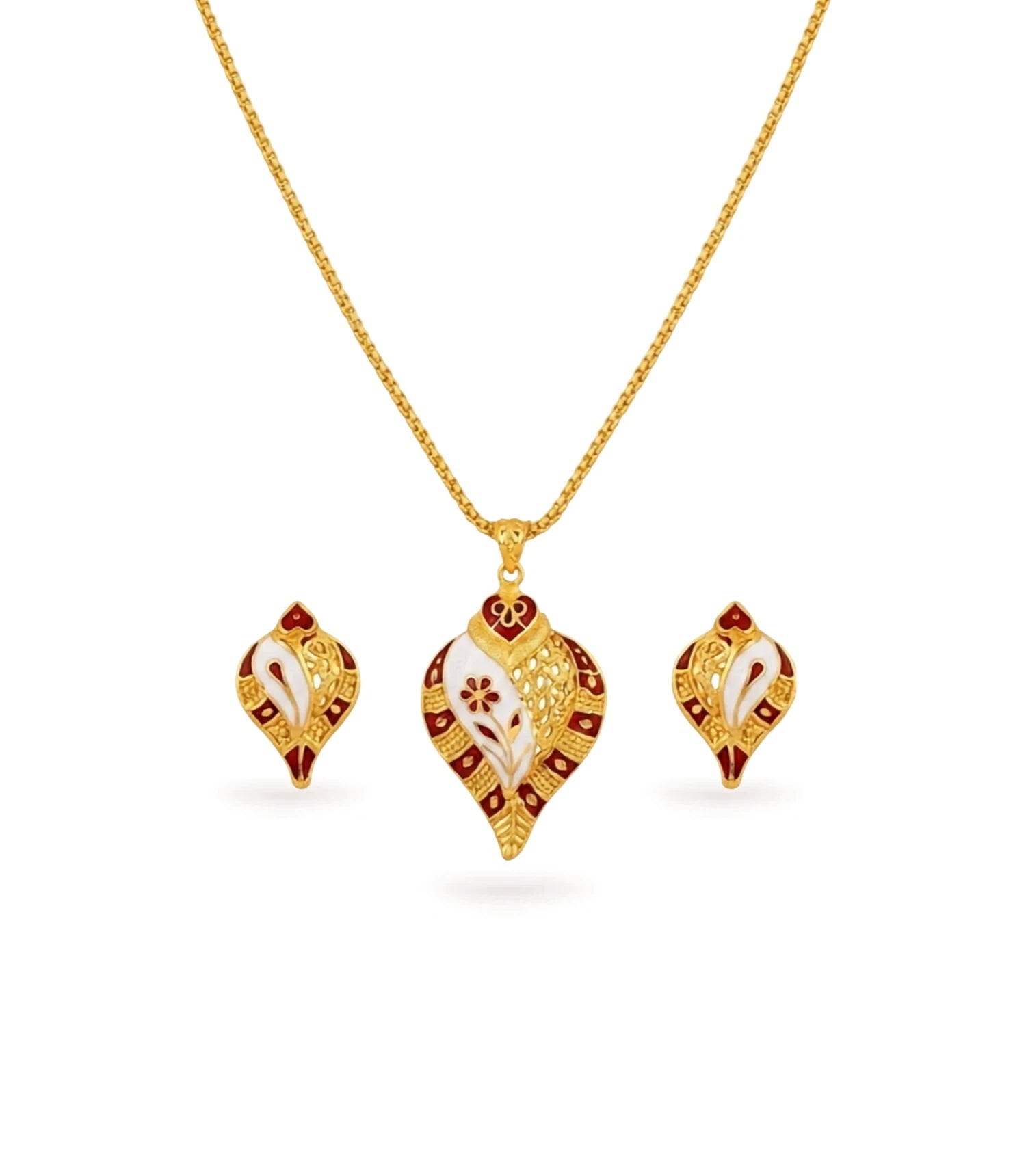 Gold Plated Enamel Sankh Motif Chain Pendant Set