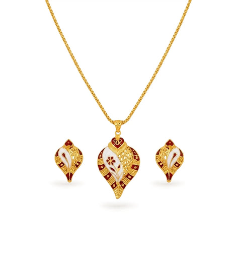 Gold Plated Enamel Sankh Motif Chain Pendant Set