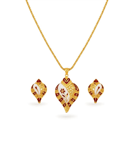 Gold Plated Enamel Sankh Motif Chain Pendant Set