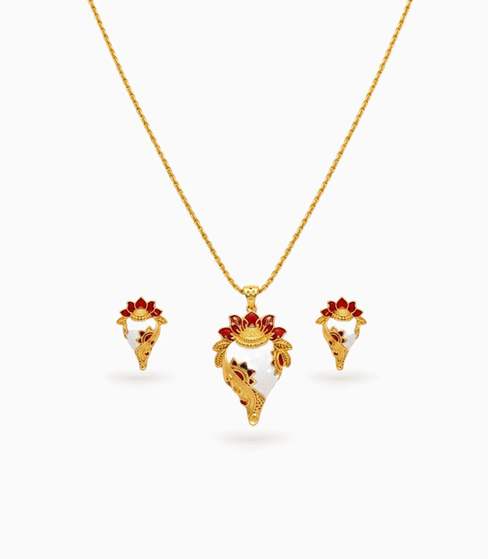 Gold Plated Festive Sankh Chain Pendant & Earrings