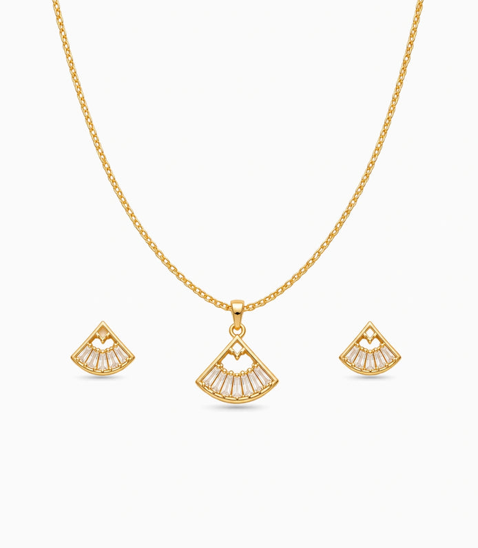 Gold Plated Delicate Sunburst Fan AD Chain Pendant Set