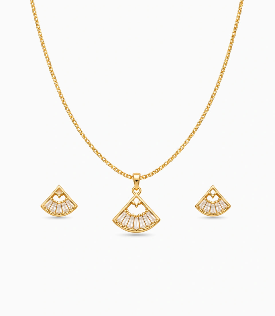 Gold Plated Delicate Sunburst Fan AD Chain Pendant Set