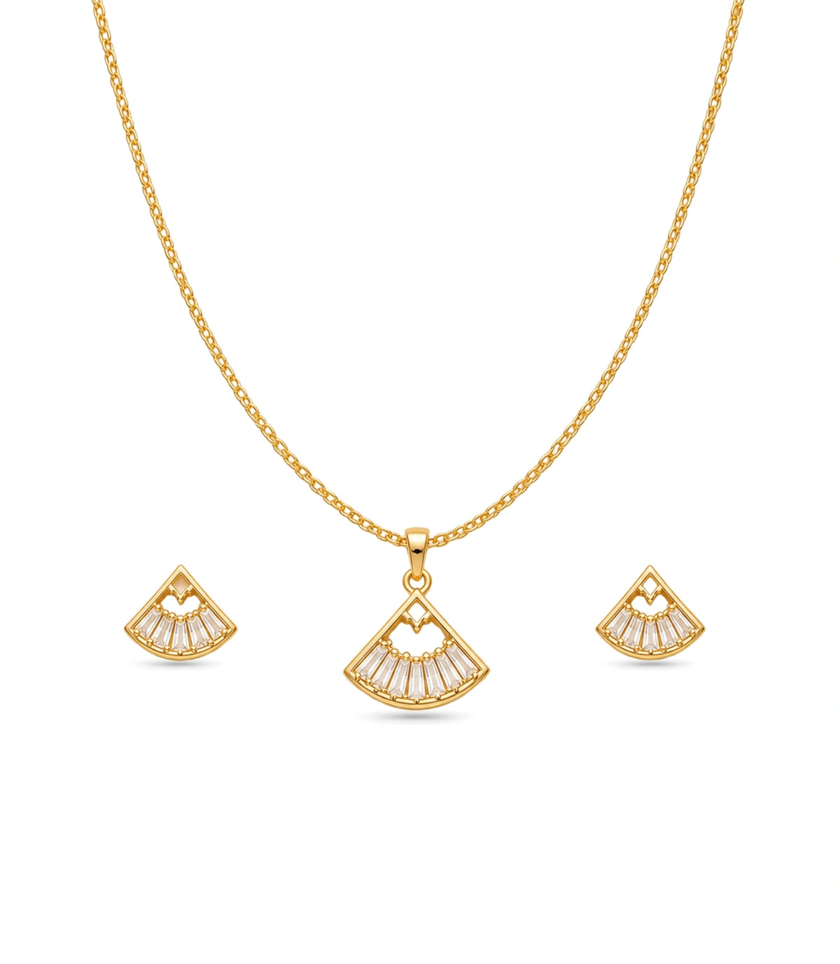 Gold Plated Delicate Sunburst Fan AD Chain Pendant Set