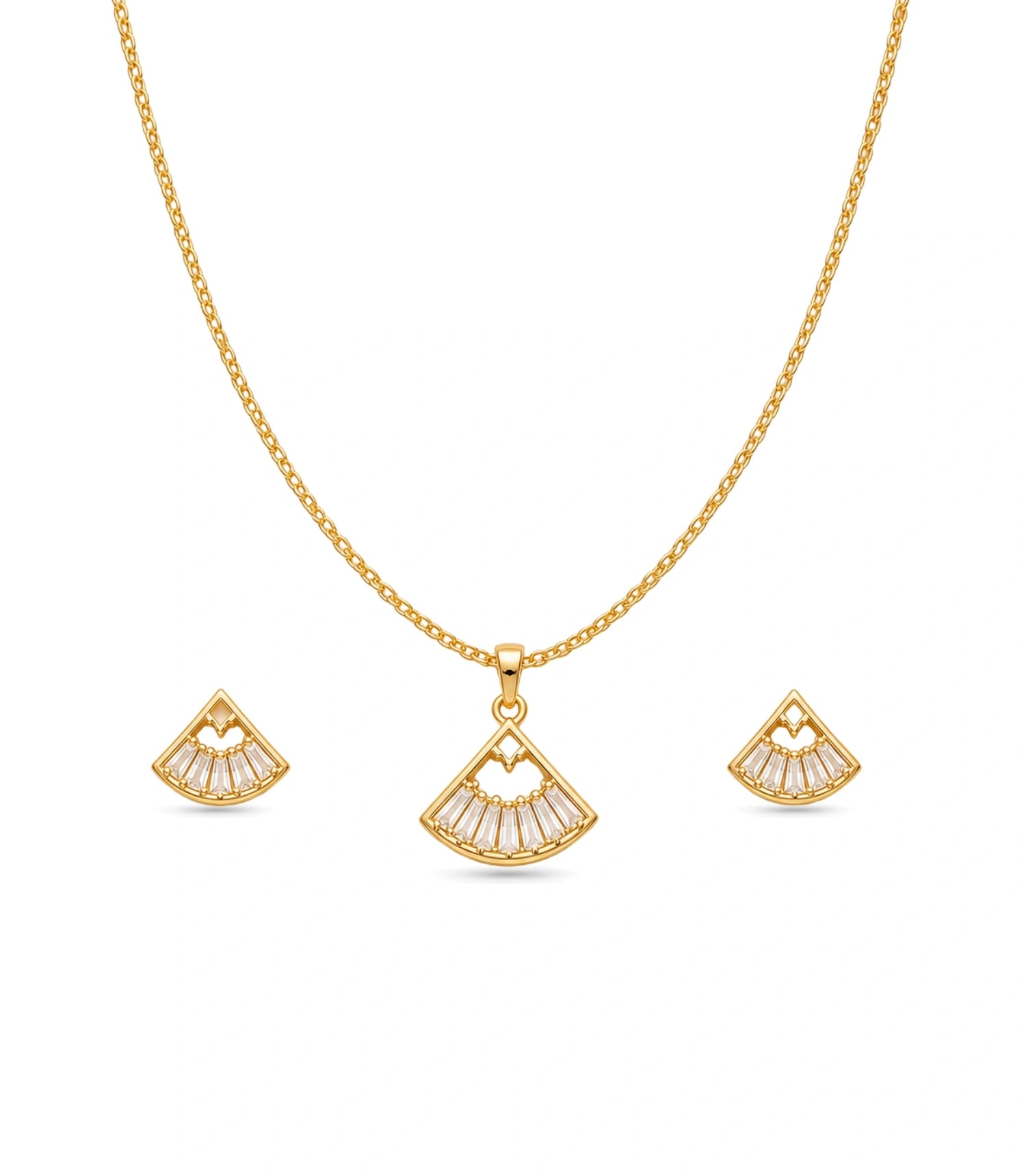Gold Plated Delicate Sunburst Fan AD Chain Pendant Set