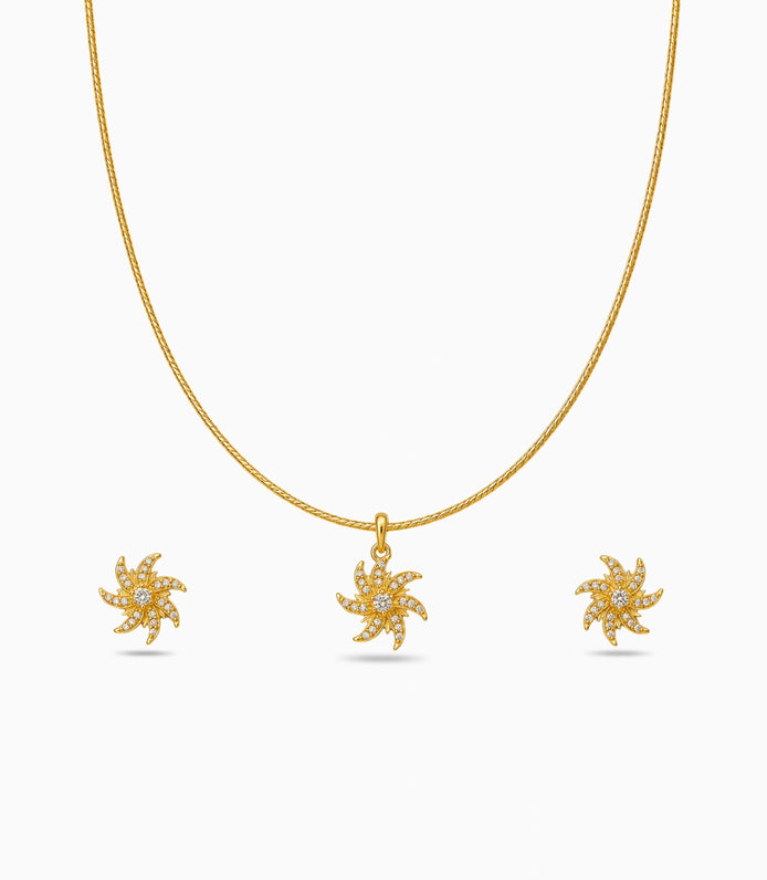 Gold Plated Delicate Curved Ray AD Chain Pendant Set