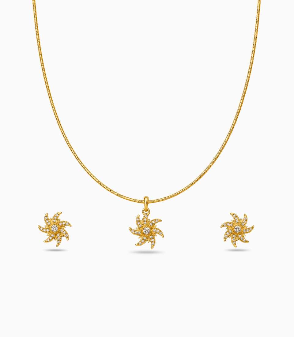 Gold Plated Delicate Curved Ray AD Chain Pendant Set
