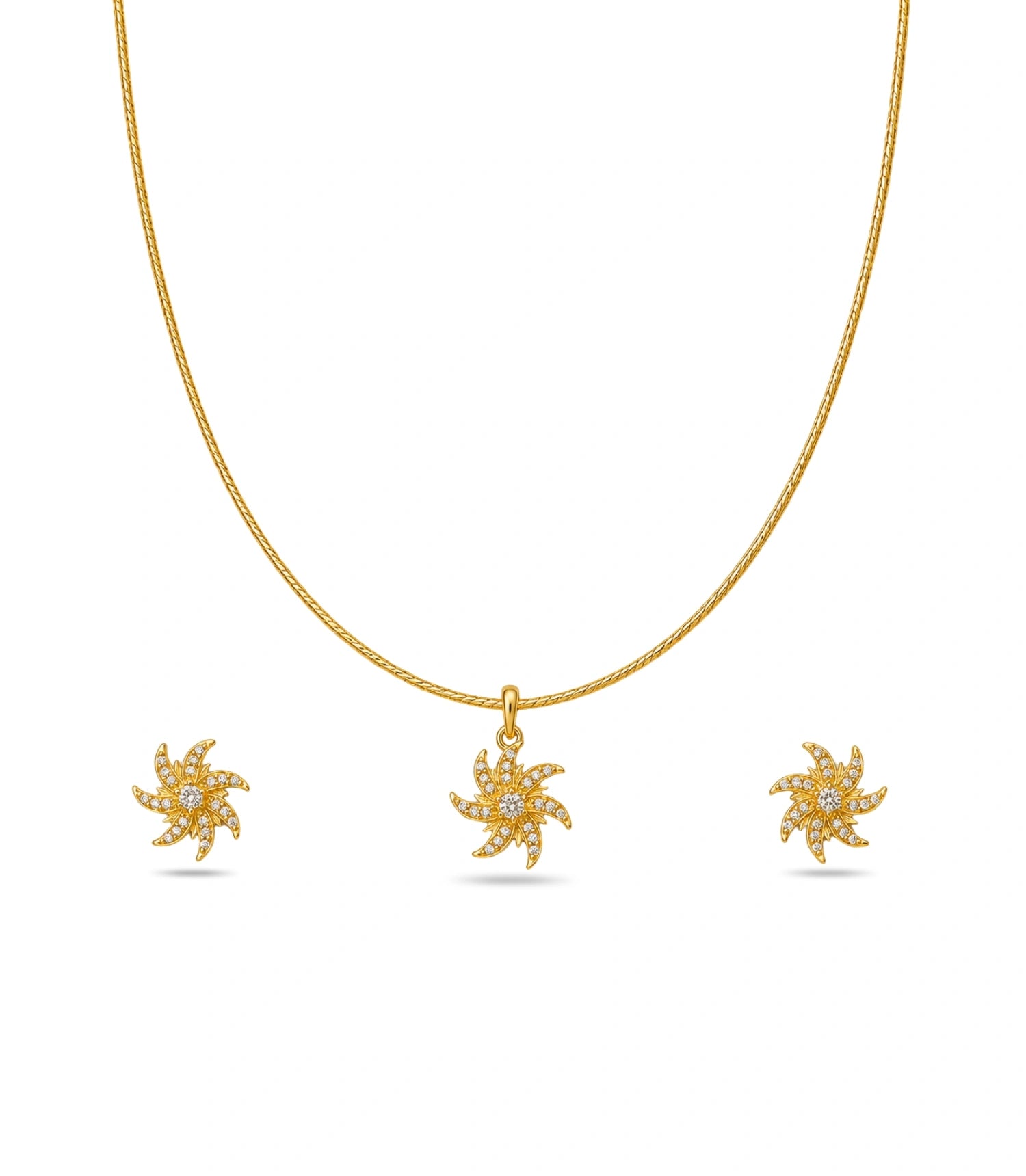 Gold Plated Delicate Curved Ray AD Chain Pendant Set