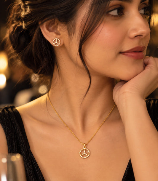 Gold Plated Delicate Trinity Arc AD Chain Pendant Set