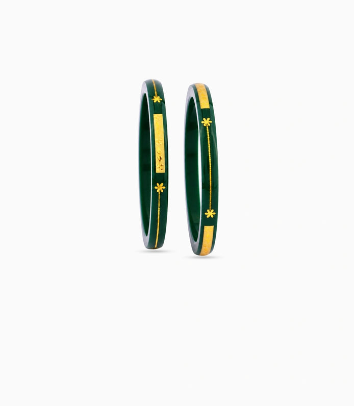 Gold Plated Laminated Shiny Green Pola Bangle Set