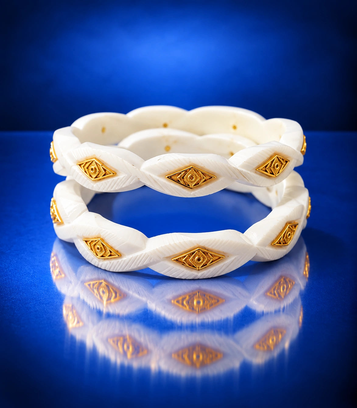 Gold Plated Geometric White Sakha Bangle Set