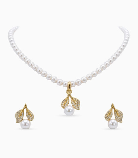 Gold Plated Leaf Single Strand Pearl Necklace