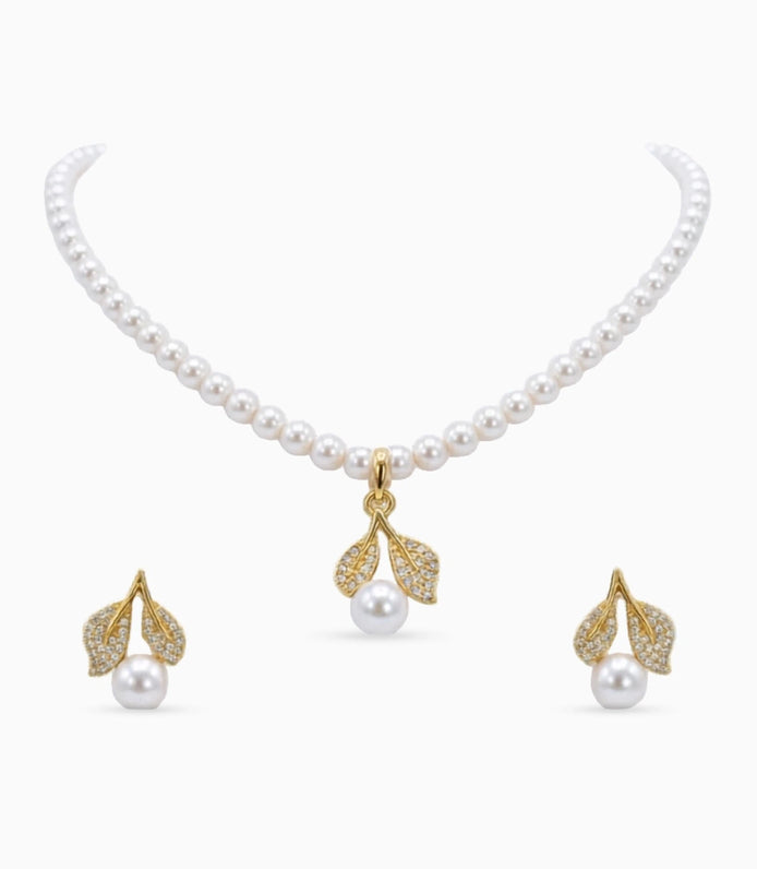Gold Plated Leaf Single Strand Pearl Necklace