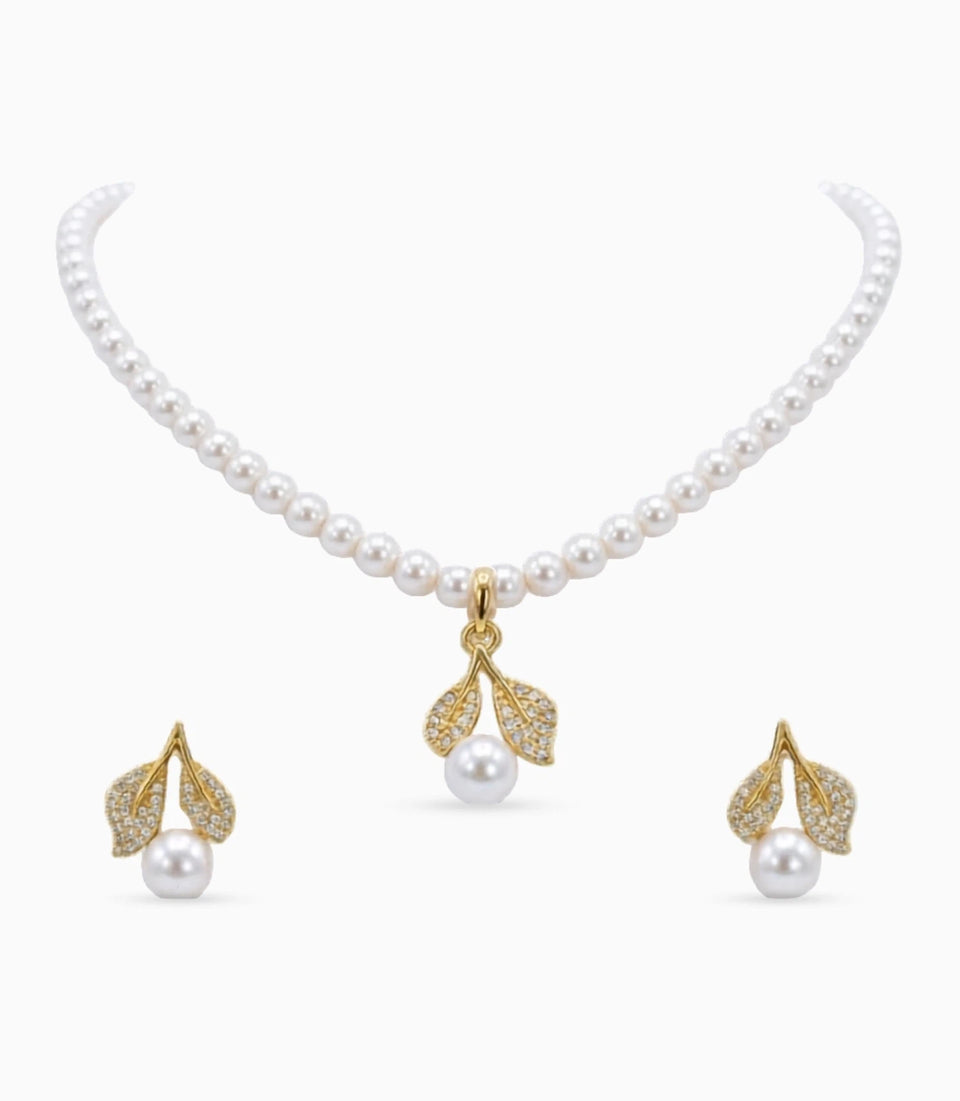 Gold Plated Leaf Single Strand Pearl Necklace