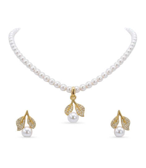 Gold Plated Leaf Single Strand Pearl Necklace