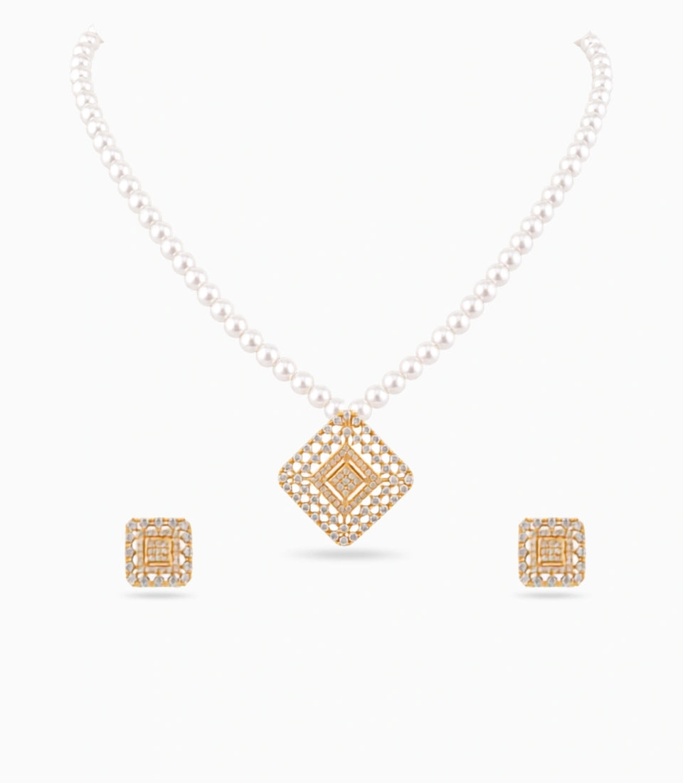 Gold Plated Delicate Single Strand Pearl Necklace Set