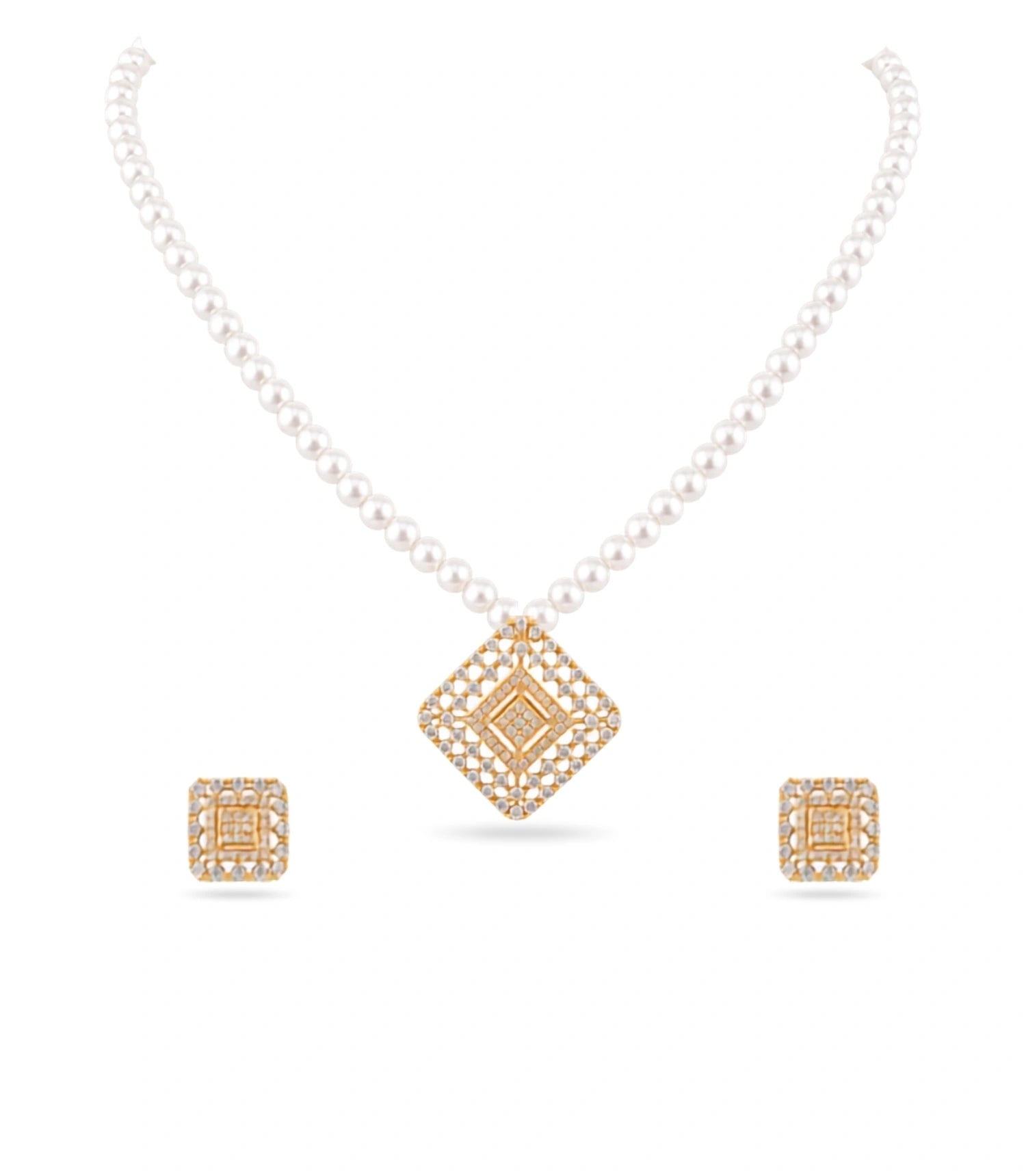 Gold Plated Delicate Single Strand Pearl Necklace Set