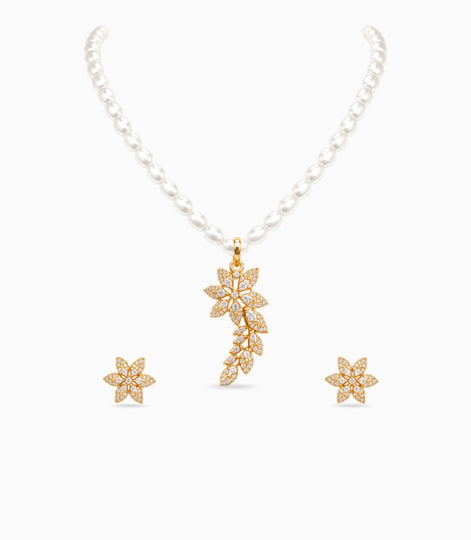 Gold Plated Leaf Pendant Single Strand Pearl Necklace Set