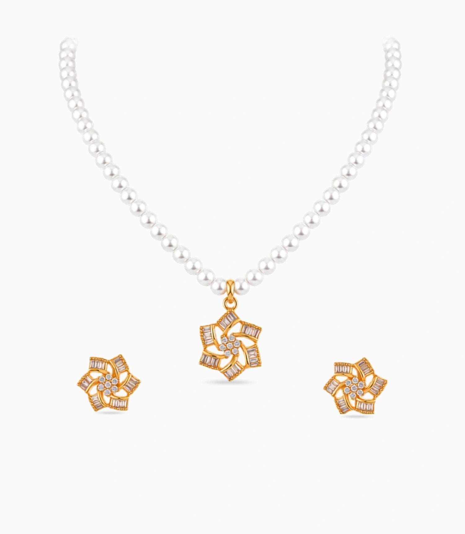 Gold Plated Floral Starburst Single Strand Pearl Necklace Set