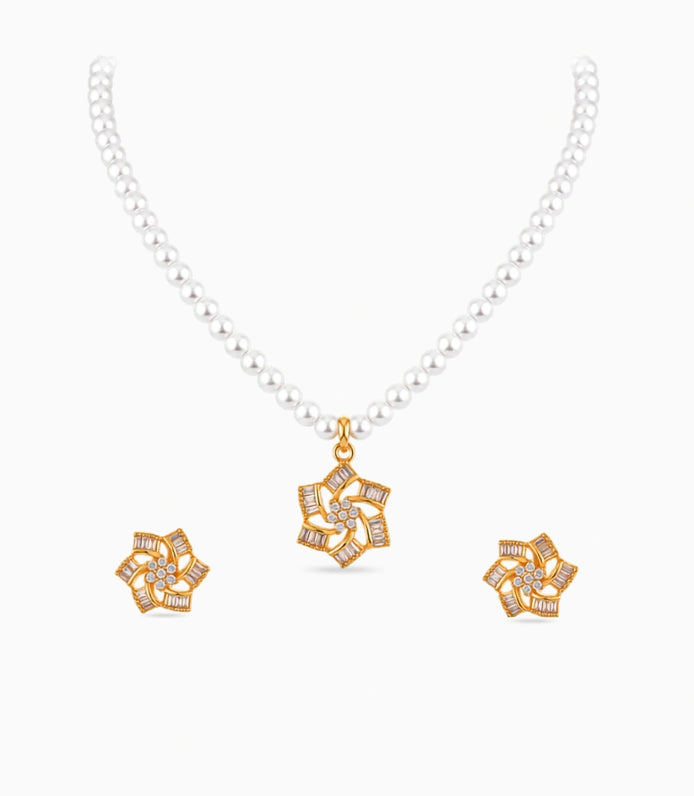 Gold Plated Floral Starburst Single Strand Pearl Necklace Set
