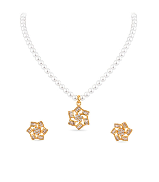 Gold Plated Floral Starburst Single Strand Pearl Necklace Set