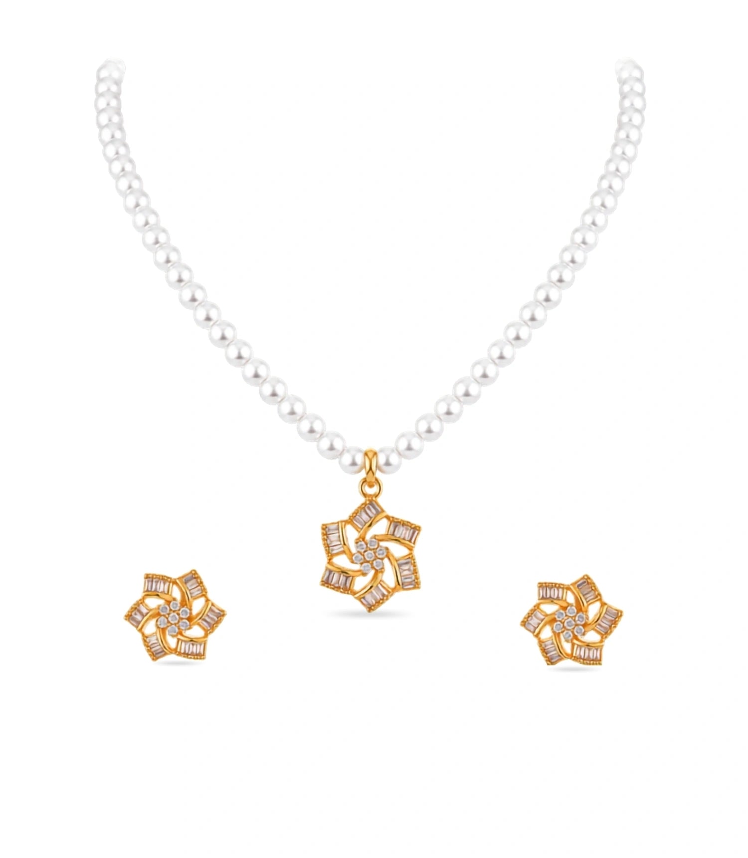 Gold Plated Floral Starburst Single Strand Pearl Necklace Set