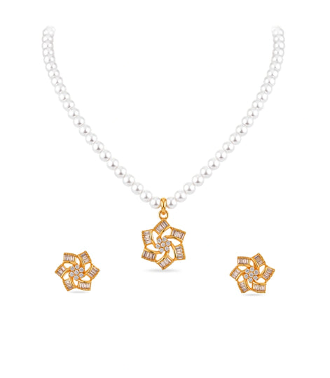 Gold Plated Floral Starburst Single Strand Pearl Necklace Set