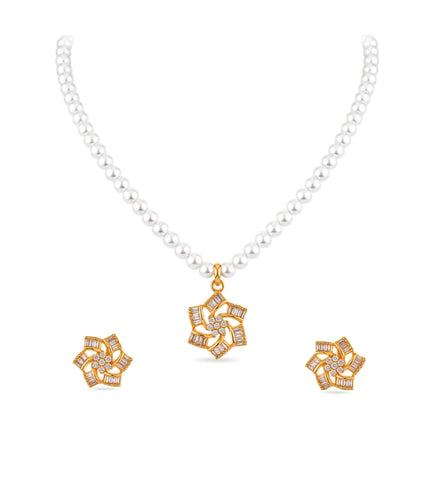 Gold Plated Floral Starburst Single Strand Pearl Necklace Set