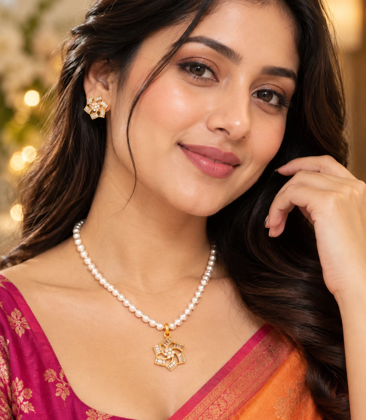 Gold Plated Floral Starburst Single Strand Pearl Necklace Set