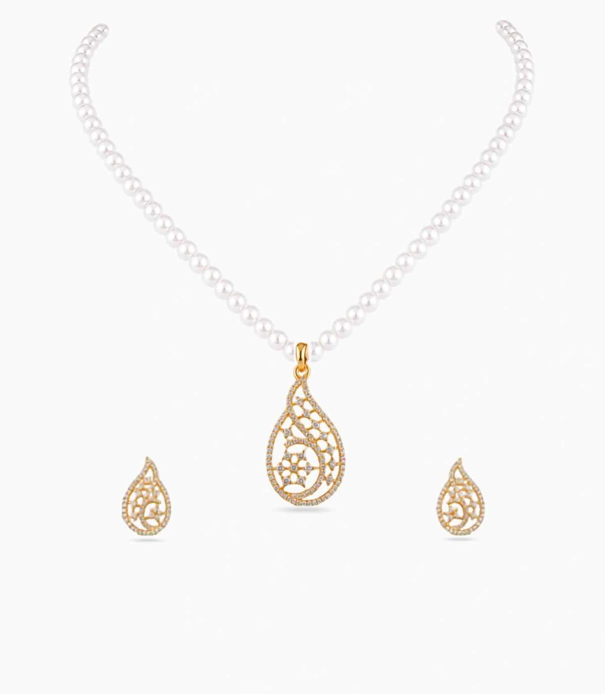 Gold Plated Paisley Single Strand Pearl Necklace Set