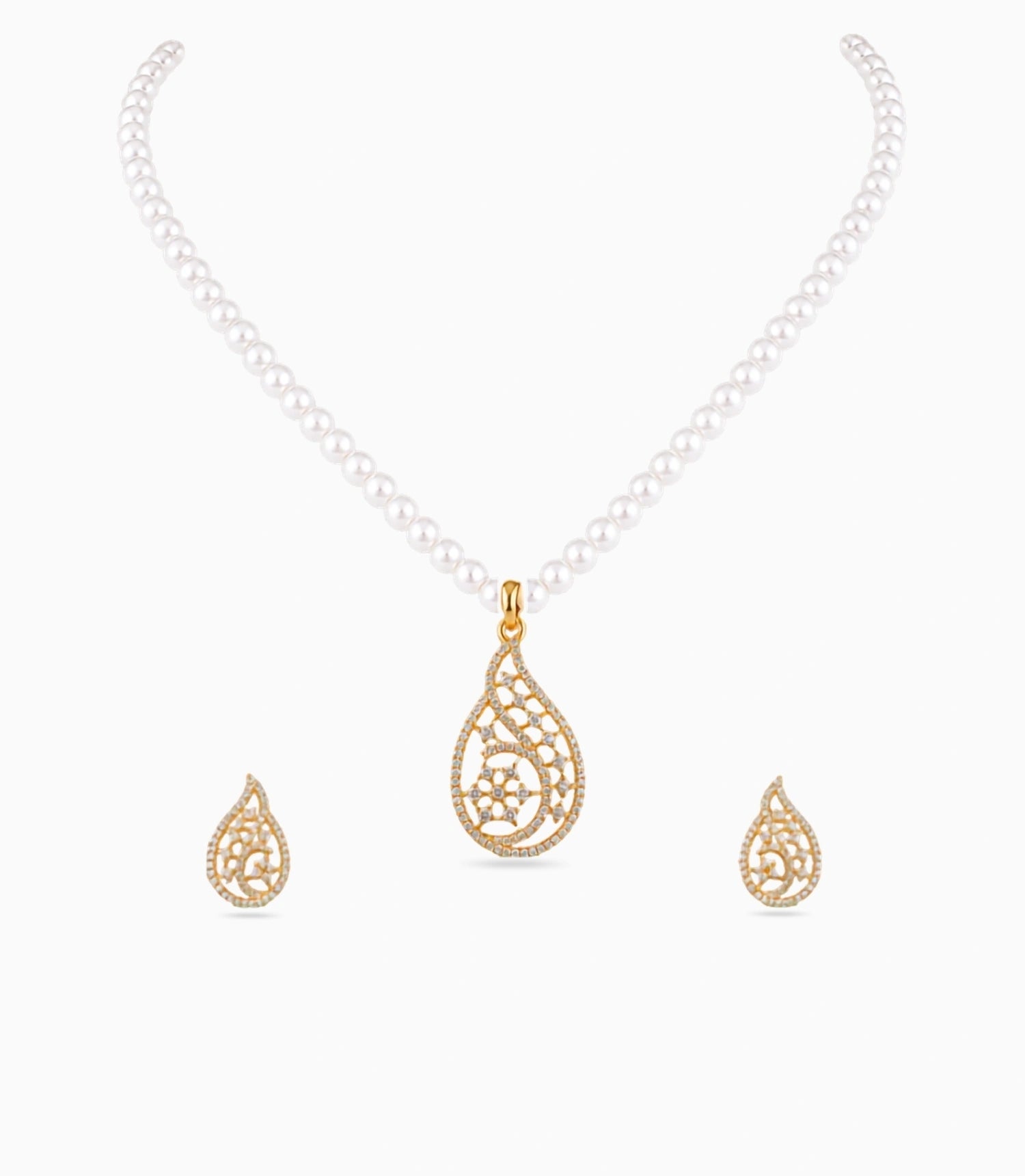 Gold Plated Paisley Single Strand Pearl Necklace Set