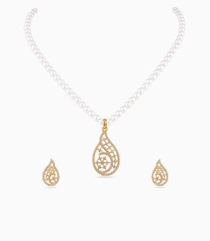Gold Plated Paisley Single Strand Pearl Necklace Set