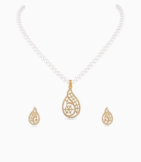 Gold Plated Paisley Single Strand Pearl Necklace Set